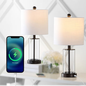 Abner 21" Glass Modern Contemporary USB Charging LED Table Lamp - JONATHAN Y